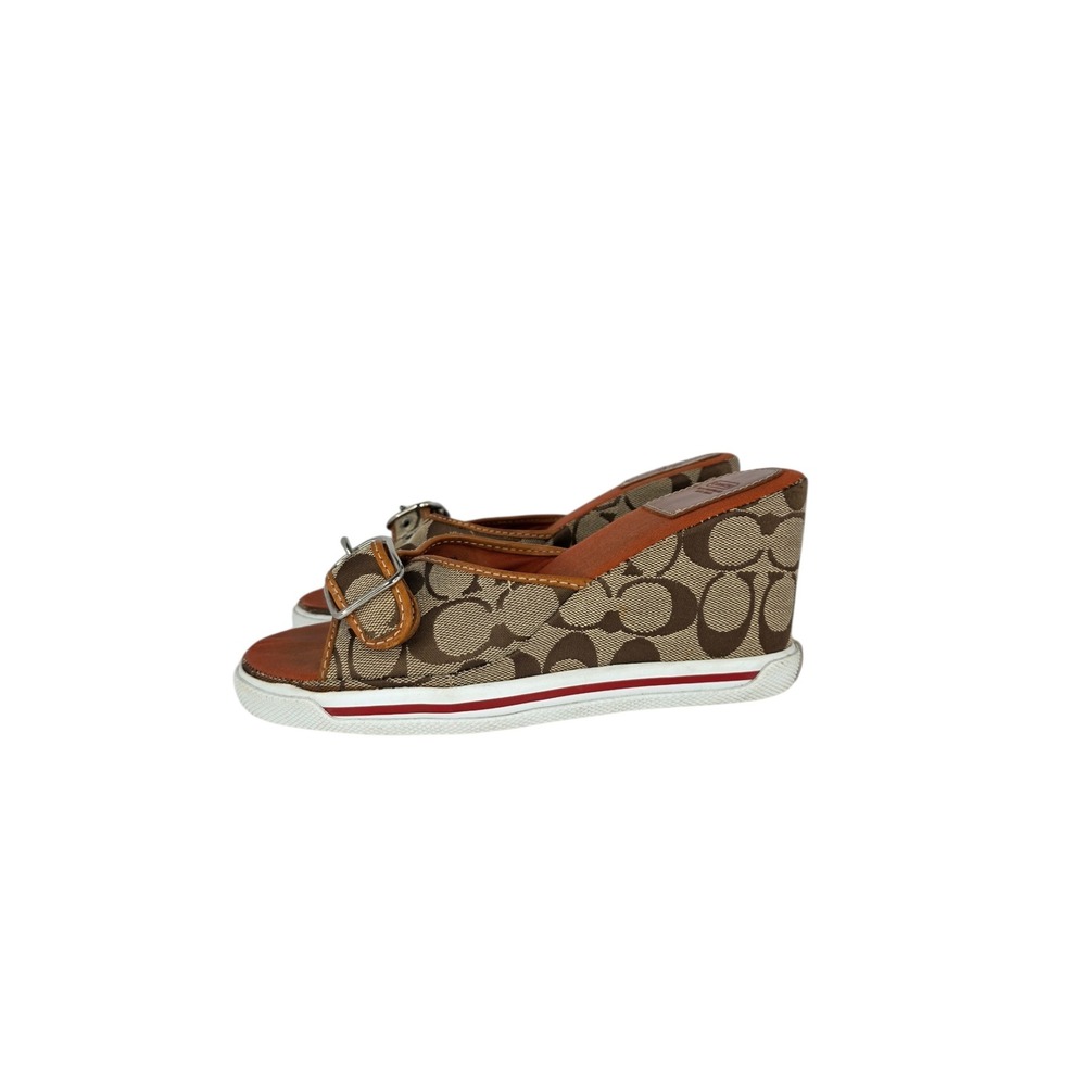 Coach Alyssa Wedge Sandals Womens 8.5 B Brown Canvas Monogram Buckle C Logo